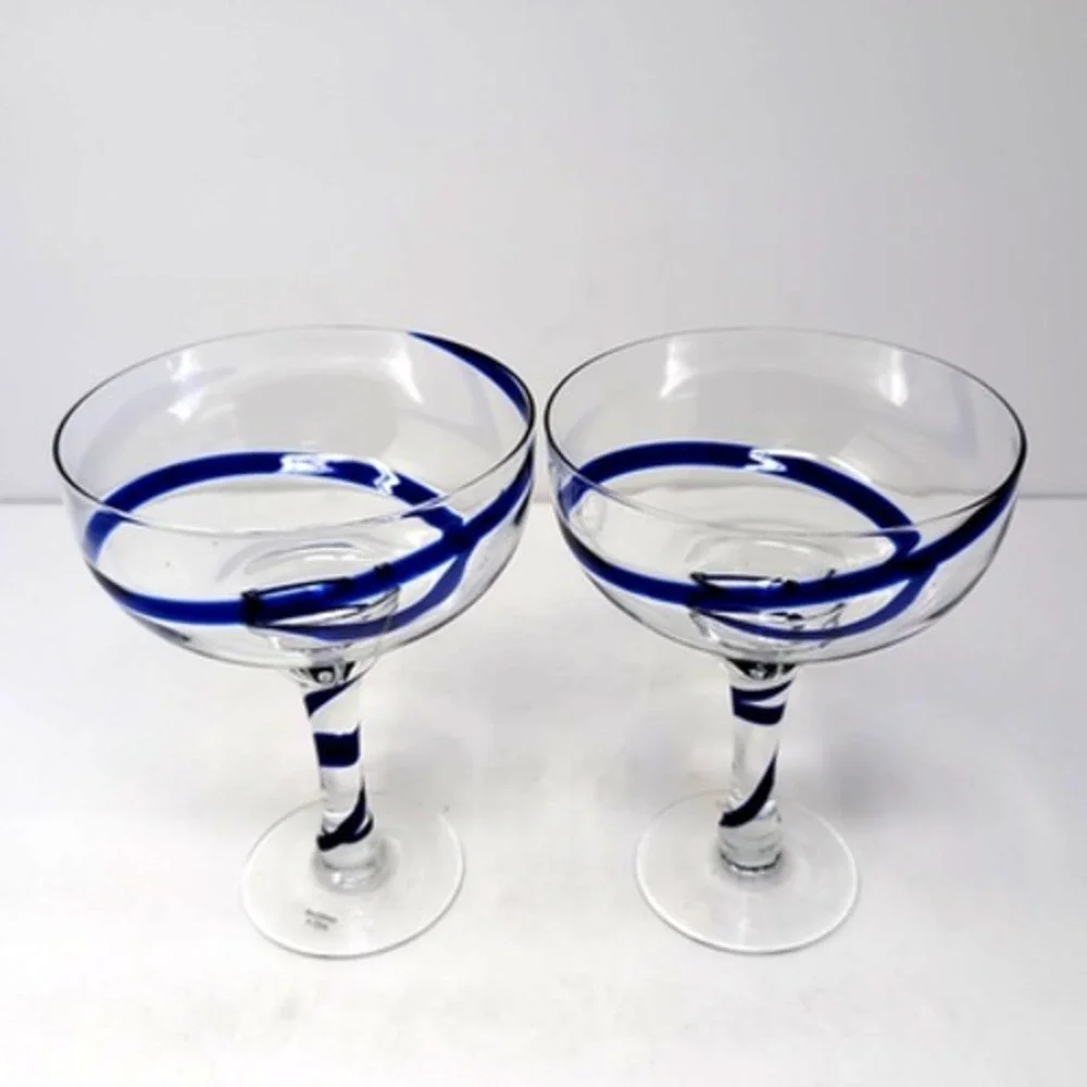 Pier 1 Imports Swirline Cobalt Blue Margarita Glasses Set Of 2 Barware Handblown